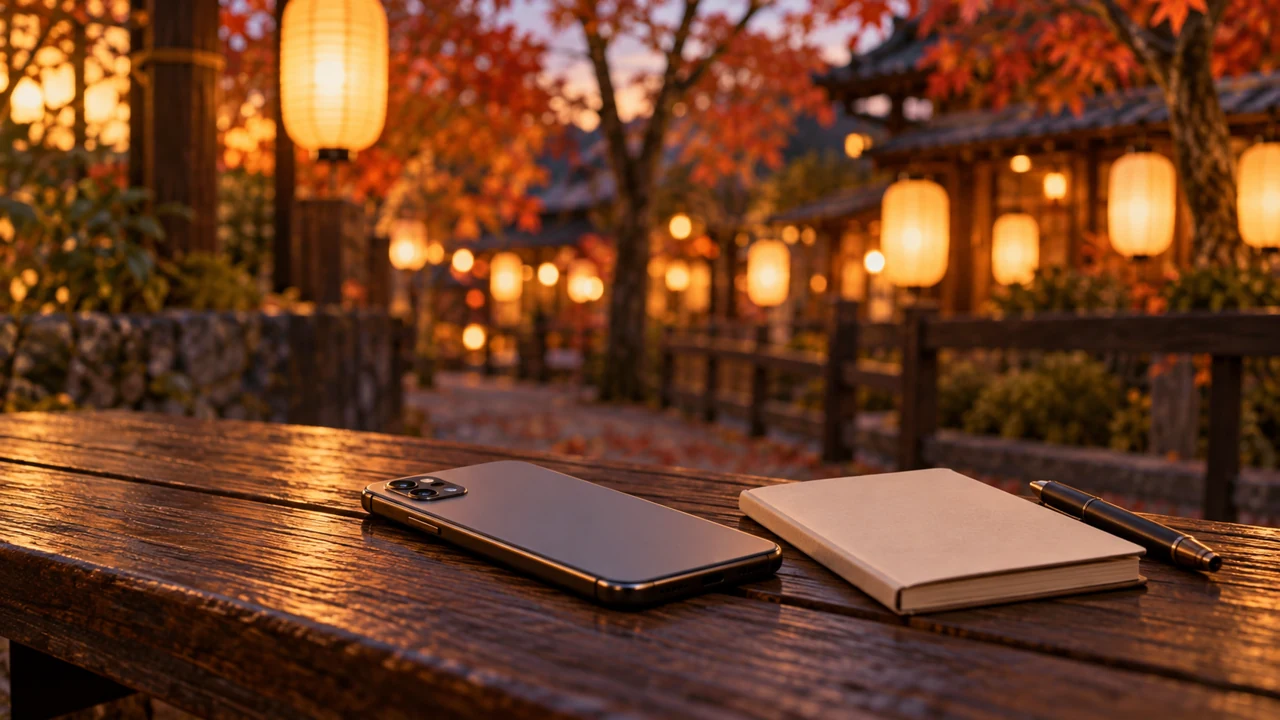 画面を伏せたスマートフォンと、小さなノートを置いたベンチ