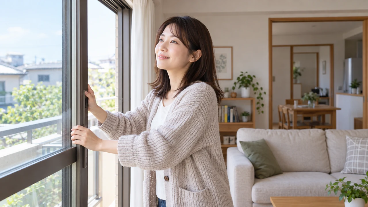 予防のために住宅の窓を開ける架空の成人女性のAI生成イメージ