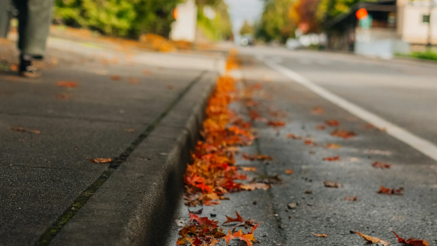 落ち葉が吹き寄せられた歩道の縁石を低い位置から写したもの。奥に歩いている人の足元が小さく見える
