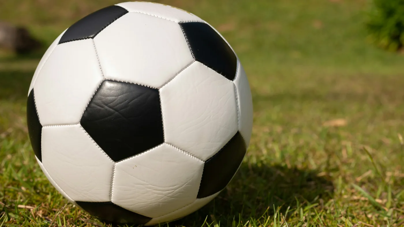 芝生の上に置かれた、白黒のサッカーボール
