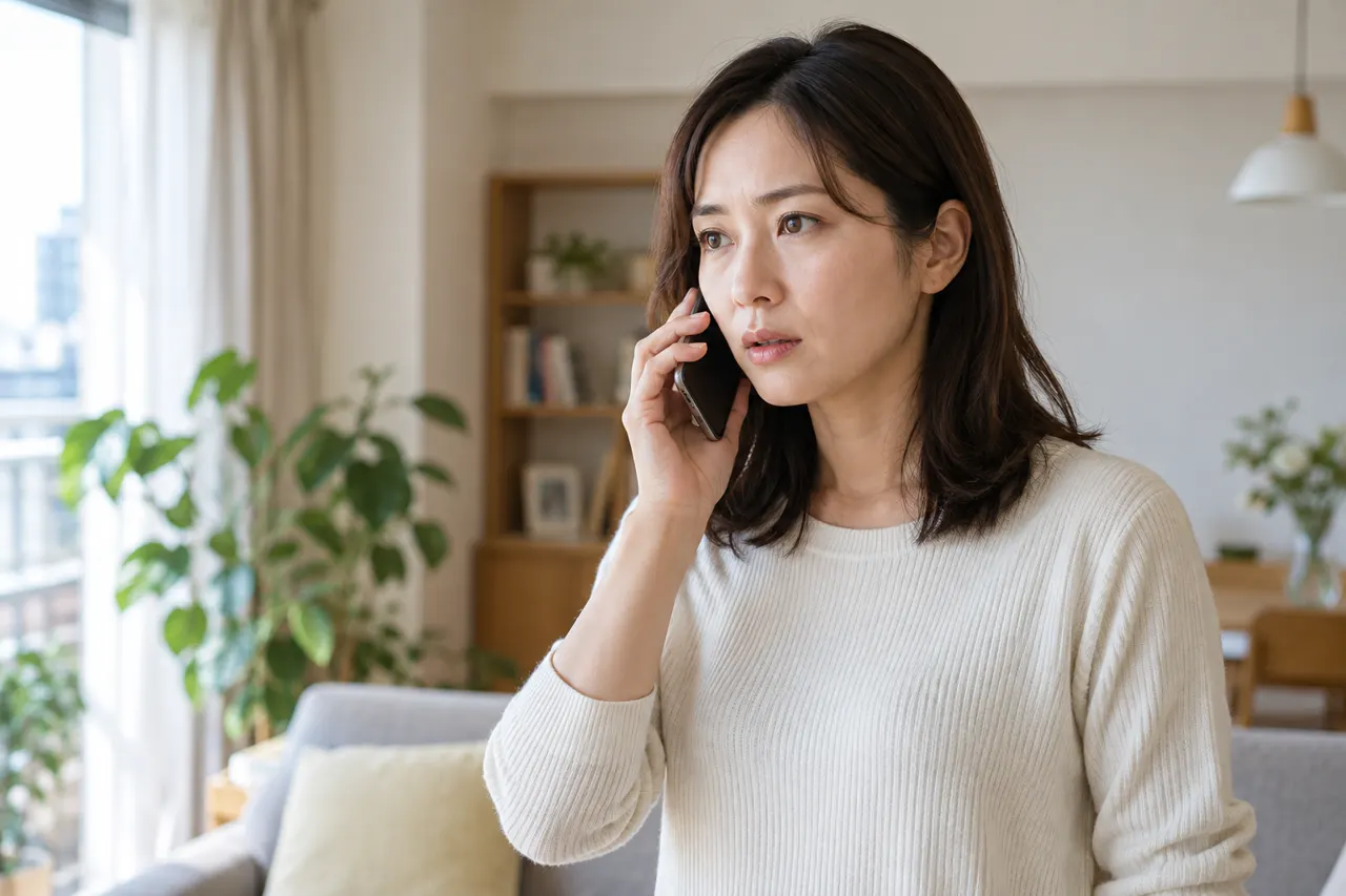 安全な室内でスマートフォンを使う架空の成人女性のAI生成イメージ
