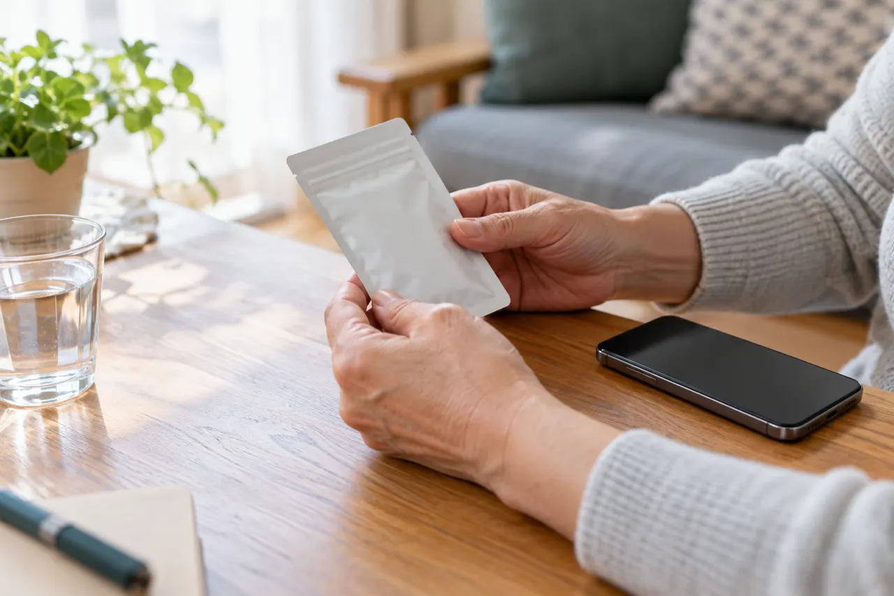 服薬情報を入れる袋とスマートフォンを並べたAI生成イメージ