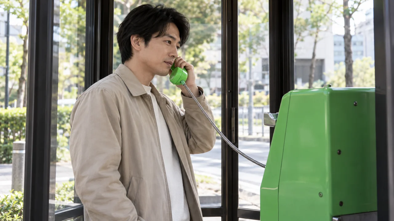 公衆電話の受話器を使う成人のイメージ