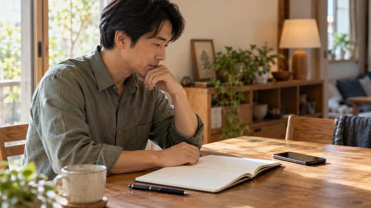 スマートフォンと白紙のノートを前に考える男性のイメージ