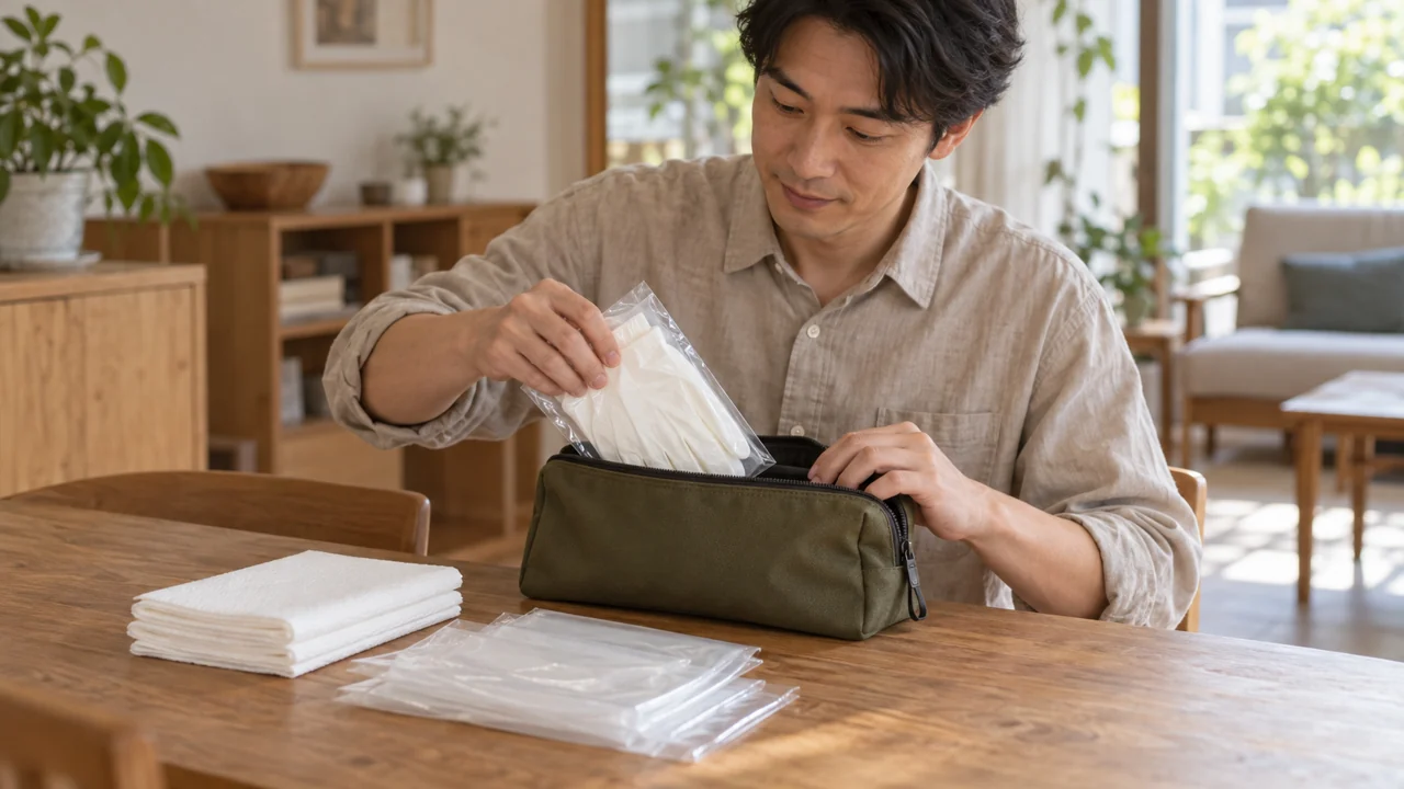 手袋や袋を家庭用のポーチにまとめる男性のイメージ
