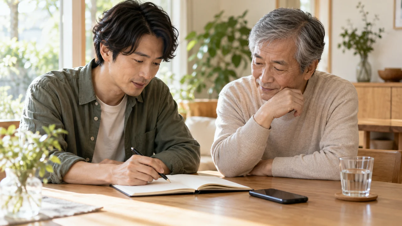 家のテーブルで連絡方法を確認する家族のイメージ