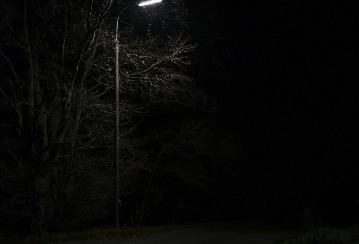 夜、街灯がひとつだけ灯る道路