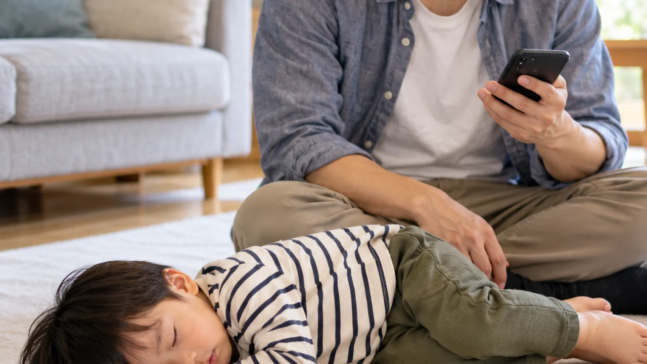 幼い男の子を安全な横向きにしながら電話する架空の父親のAI生成イメージ