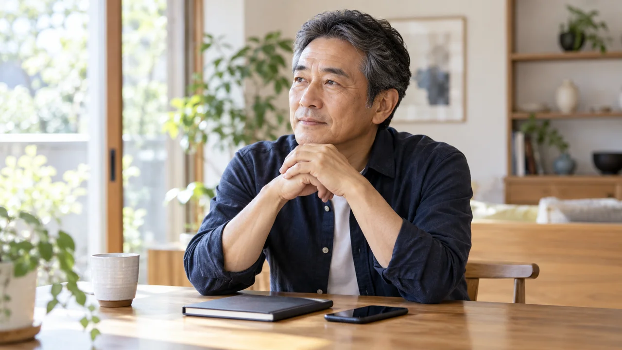 テーブルにノートとスマートフォンを置き、落ち着いて座る50代後半の架空の日本人男性のAI生成イメージ