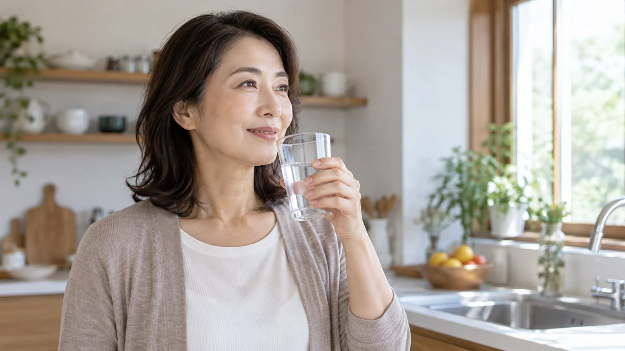 台所で水の入ったグラスを持つ40代後半の女性のAI生成イメージ