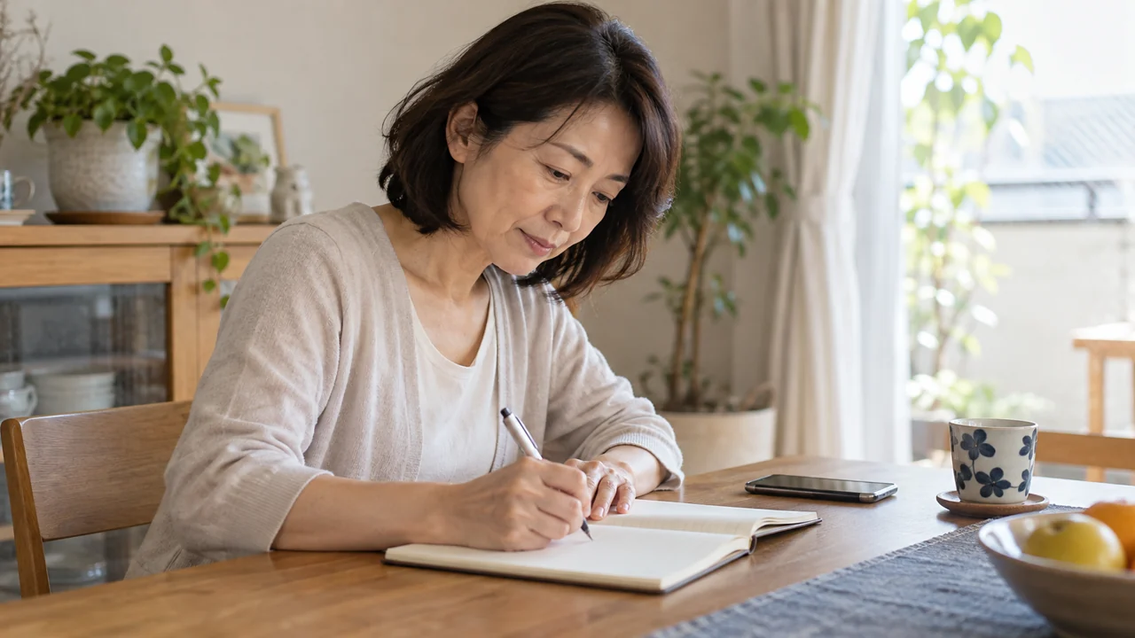 自宅のテーブルで体調のメモを書く40代後半の女性のAI生成イメージ