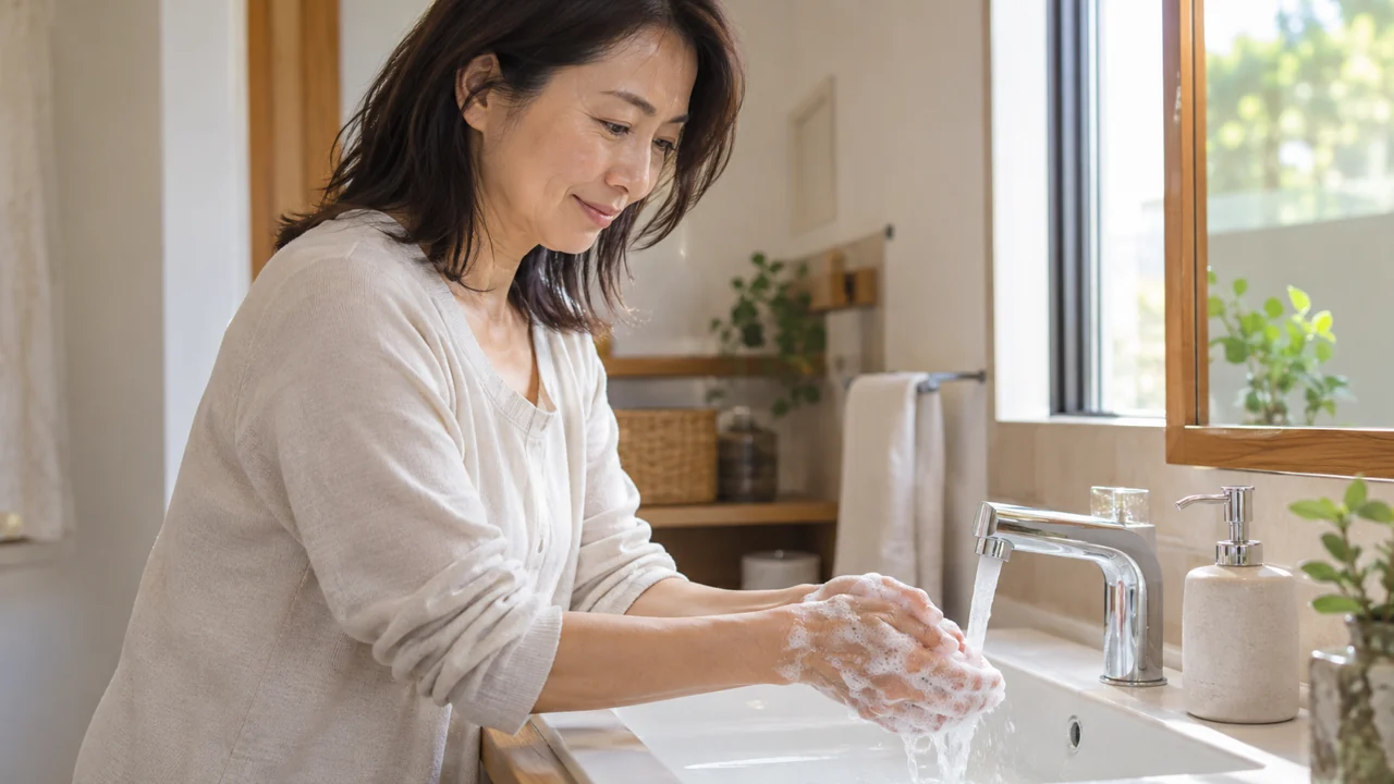 洗面台で石けんと流水で手を洗う40代後半の女性のAI生成イメージ