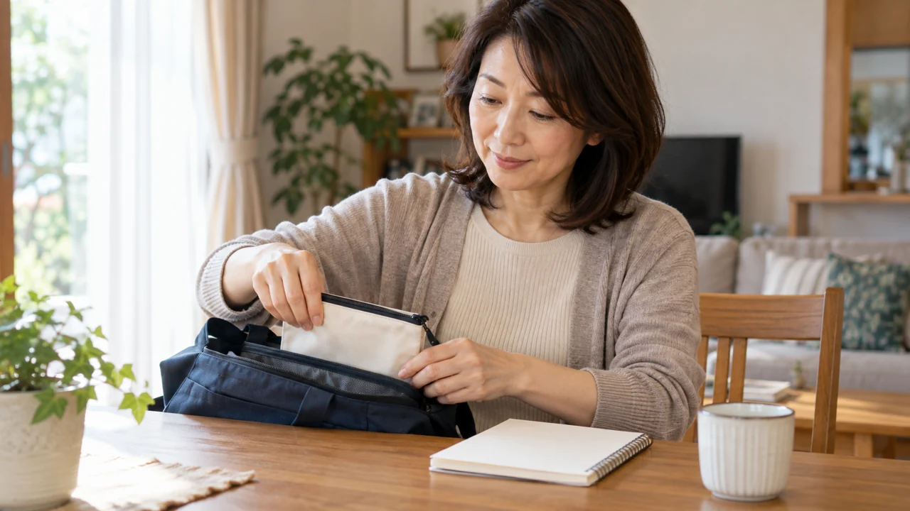 薬のポーチと健康記録のノートを準備する40代後半の女性のAI生成イメージ