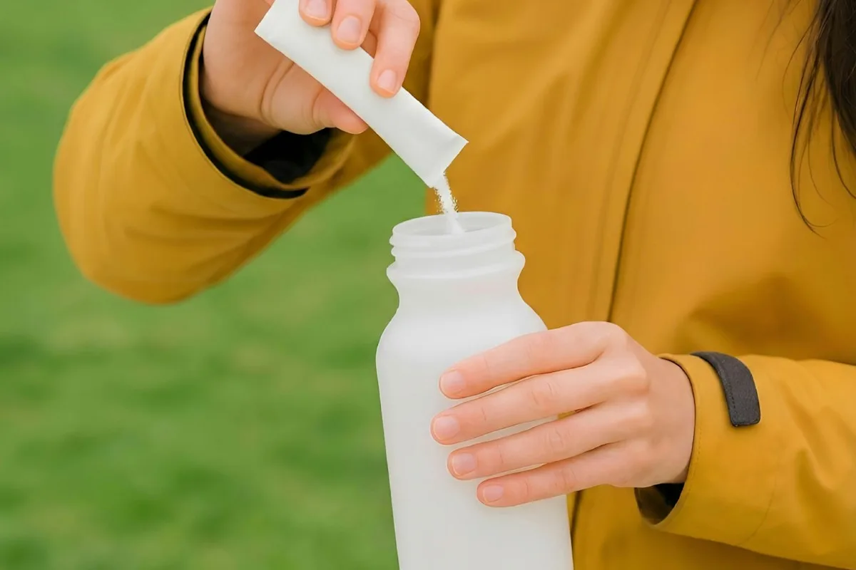 水のボトルに粉末を溶かす様子。経口補水液は事前の備蓄があると被災地での水分管理がしやすくなる