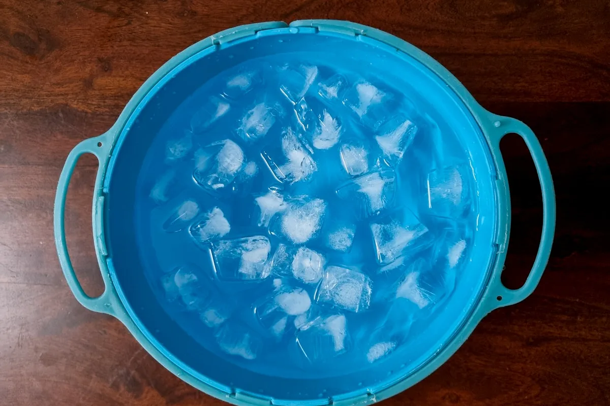 氷が入ったバケツ。保冷剤や氷は首・わき・太もものつけ根など太い血管が走る部位を優先して冷やす